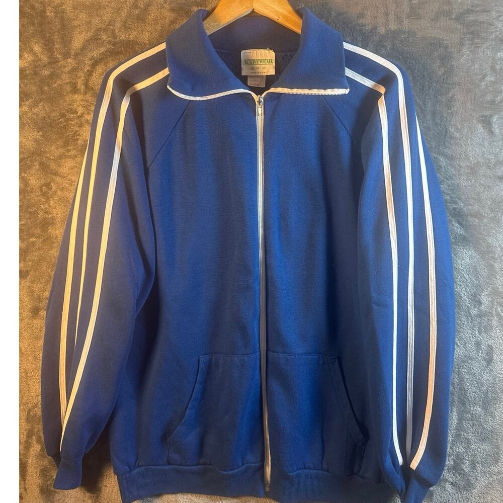 Vtg 70s 80s Tultex Activewear Track Jacket Men XL Royal Blue Striped Made in USA
